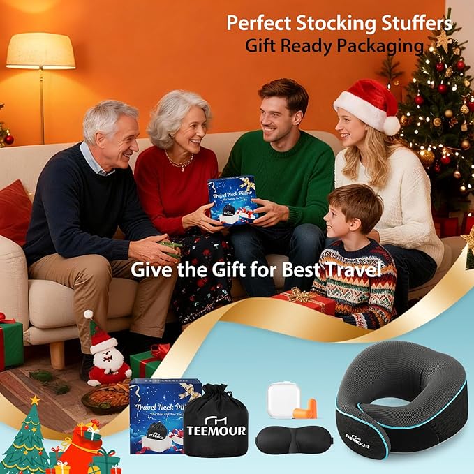 Travel Neck Pillow for Airplane -360° Support, Stocking Stuffers, Memory Foam Travel Pillows for Airplanes With Eye Mask & Earplugs, Portable Carry Bag for Long Flights/Car| Airplane Accessories
