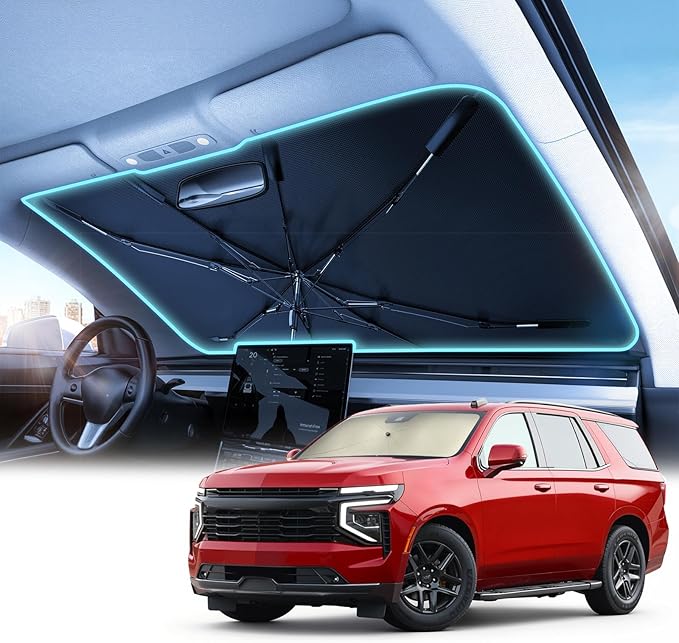 Nmoiss Tahoe Windshield Sun Shade Umbrella – Custom-Fit for Tahoe 2015–2025, Vinyl Coating Heat Shield, 99% UV Blocking, Keep Full-Size SUV Interior Cool, Heavy-Duty Spring Structure
