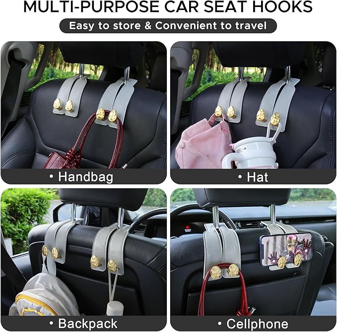 URIZZD 4 PCS Leather Car Seat Hooks for Headrest, Vehicle Hanger Storage Organizer Universal for Handbag Purse, Car Accessories Gift (Grey-Gold-4 PCS)