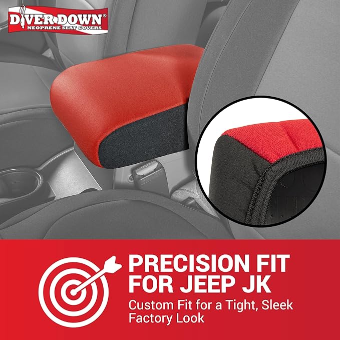 Diver Down Neoprene Center Console Cover - Fits Jeep 2007-2018 JK JKU Wrangler - Cushioned Armrest Cover - Doesn't Burn Your Elbow - Tight Custom Fit - Comfortable Foam Armrest Pad (07-10 Red)
