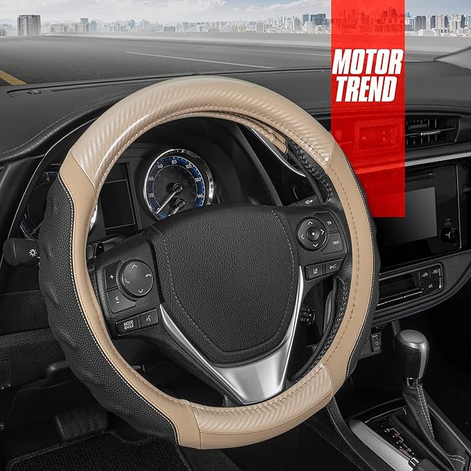 Motor Trend UltraSport Beige Carbon Fiber Steering Wheel Cover, Standard 15 inch Size, Black Faux Leather Comfort Grip, Car Steering Wheel Cover for Auto Truck Van SUV