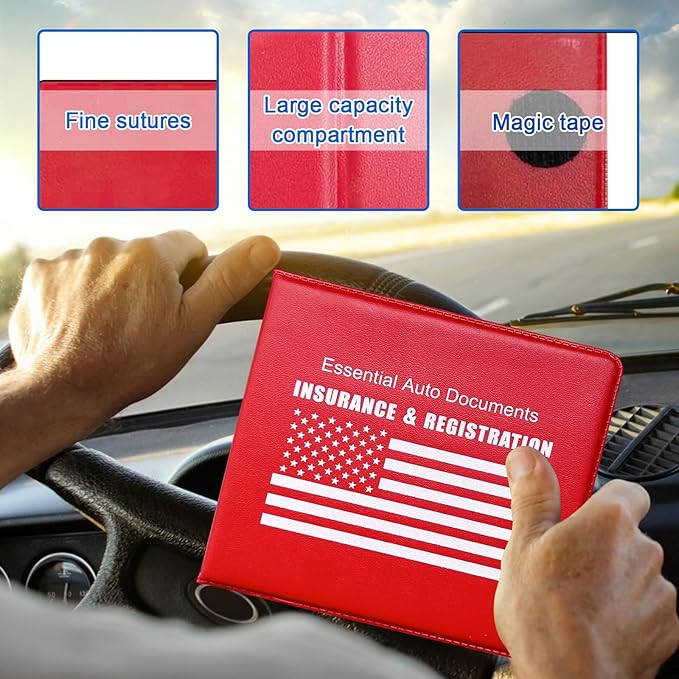 Ziciner Car Registration Insurance Holder, 2Pack Essential Auto Card Document Glove Box Organizer with Touch Fastener, Vehicle Interior Accessories Perfect for Most Car, Truck, SUV (Red/White Flag)