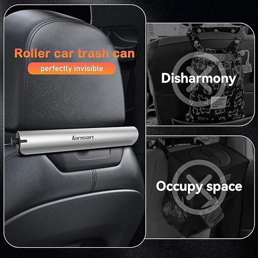 Car Trash Can Bin with 42pcs Trash Bags - Mini Car Trash Bag Hanging Easy Mount,Waterproof Car Trash Can for Back Seat, Roller Type Trash can for Car, Office,Kitchens,During Travel (Silver)