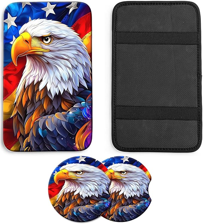 JANENFNA Car Armrest Cover Pads Universal Fashion Cute Auto Center Console Armrest Cover Pad with 2PCS Car Coasters Soft Waterproof Car Armrest Seat Protector for Women,Flag Eagle a