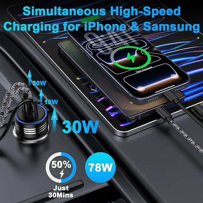 78W 3-Port Samsung Car Charger USB C Fast Charge for Samsung Galaxy S26 Ultra S26 Plus S25 FE S25 Edge S24 A17 A56 A36 A26 A16 A55 A35 A25 A15,Rapid Car Charger Adapter+Coild Type C Fast Charging Cord