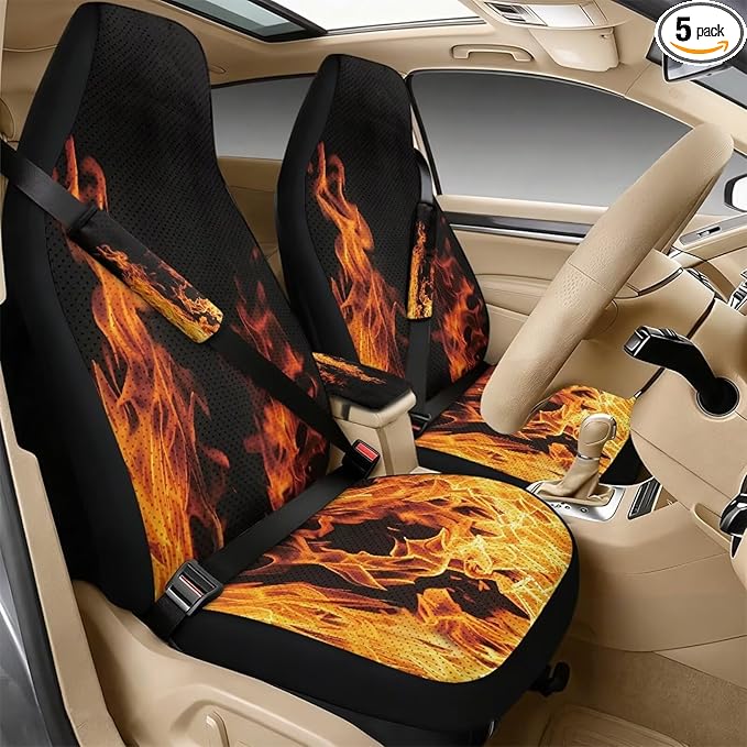 Psesaysky 5-Piece Leather Car Accessories Full Set, Cool Flames Front Seat Covers Set of 2, Armrest Cover, 2 Pieces Seat Belt Covers, Universal Fit, Easy Installation
