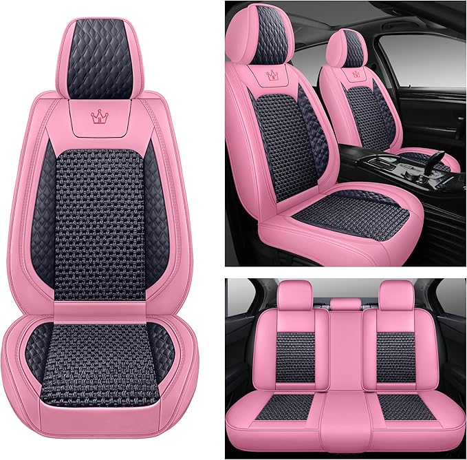 HighnessHwoo Luxury Car Seat Covers Full Set, Breathable Faux Leather Car Seat Protector, Dog Child Kids Summer Ventilated Seat Cushion for Front & Back Seats, Universal (Pink Black, 5 Seats)