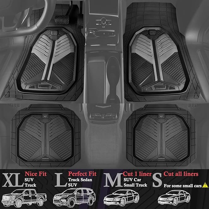 CAR PASS Heavy Duty Rubber Car Mats, Deep Dish Car Floor Mats All Weather, Car Mats Full Set 4-Piece Trim to Fit for Sedans SUVs Trucks, Waterproof Anti-Slip Automotive Mats, V12 Black and Gray
