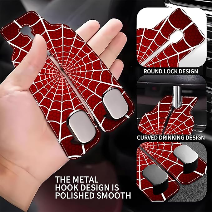 AEWNUNK 1 Pack Purse Hook for Car Red and White Spider Web Headrest Back Seat Hook Premium Leather Double Metal Hanger Storage Pack Bag Purse Holder Car Accessories