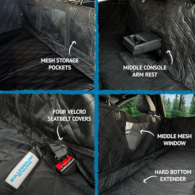 Bulldogology Dog Car Seat Cover Hard Bottom Back Seat Extender for Dogs – Waterproof, Scratch‑Resistant, Heavy Duty Pet Seat Protector Hammock with Non‑Slip Backing for Cars, SUVs & Trucks (Large)