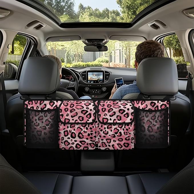 Pink Leopard Backseat Organizer Waterproof Trunk Organizers Hanging Interior Car Accessories ith 4 Pockets, Buckle Strapes Car Storage Bag for SUV Bus When Commuting