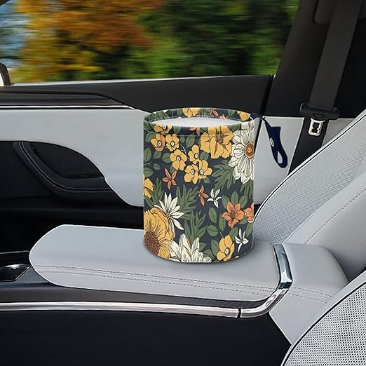 Car Trash Can with Hanging for Back Seat, Car Accessories for Women Men Automotive Garbage Cans Vehicle Trash Can for Truck SUVYellow Flowers