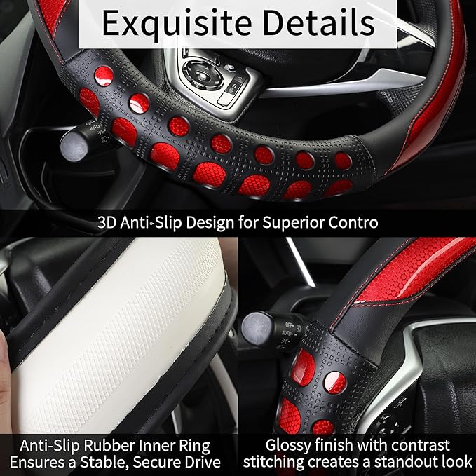 QCYP PU Leather Car Steering Wheel Cover with Anti-Slip Grip, for Women and Men, Universal Fit for 14.5-15 Inch Cars, Trucks, SUVs (Red (Round), Medium(Standard) Size[14 1/2''-15''])