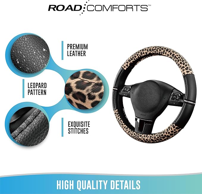 Road Comforts Leopard Steering Wheel Cover - Made with PVC Leather Cheetah Print - Anti-Slip, Universal Fit 14 1/2 inches to 15 inches - Black