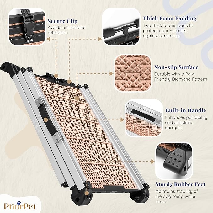 Dog Ramp for Car - Stable Anti-Slip Dog Car Ramp for Large Dogs - 63" Long & 15" Wide - 250LBS Capacity - Telescoping Pet Ramp - Lightweight - Reflective Sides - Fixing Clip - Desert Sand