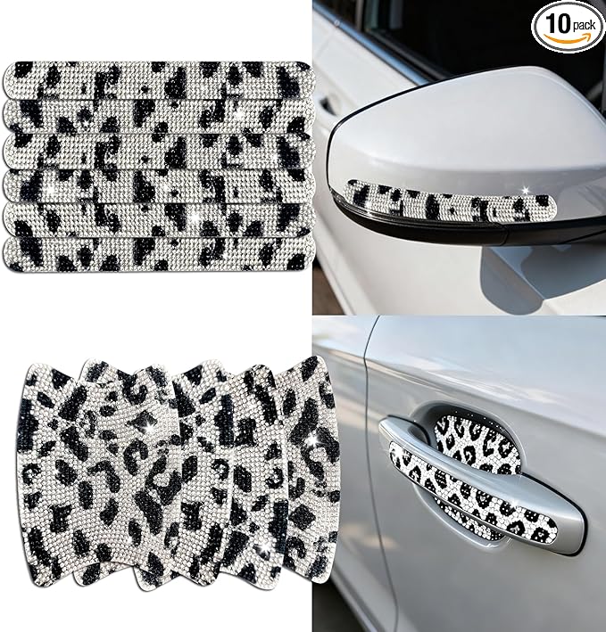 10PCS Bling Car Door Handle Protectors, 4 Door Bowl Stickers + 6 Handle Strips, Crystal Rhinestone Anti-Scratch Car Accessories, Sparkling Auto Decor, Universal for SUV Sedan Truck (Cows)