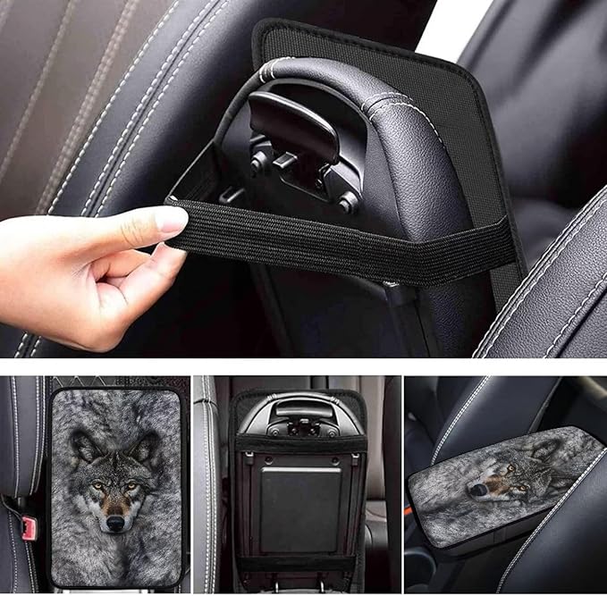 Gray Wolf Center Console Cover Breathable Auto Center Console Pad Animal Print Comfortable Car Armrest Seat Box Cover Protector Universal for Car Sedan Vehicle
