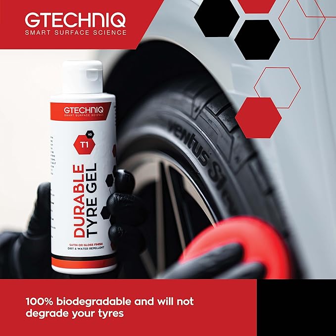 Gtechniq T1 Durable Tyre Gel for Car Tyre Shine, Car Wheel Cleaner Repels Water, Dirt and Grime, Restores Tyre Black Finish, Anti-Sling Formula, 100% Biodegradable, 250ml