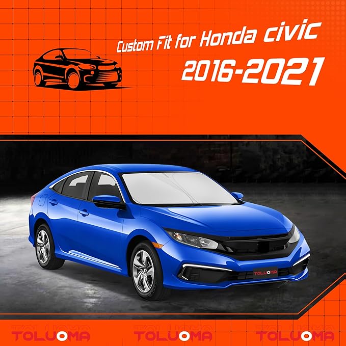Toluoma Custom Fit Windshield Sun Shade for Honda Civic 2016-2021 - Full Coverage, 210T Reflective Fabric, Double-Layer Design - Blocks 99% UV Rays, Keeps Car Cool, Easy to Install and Store
