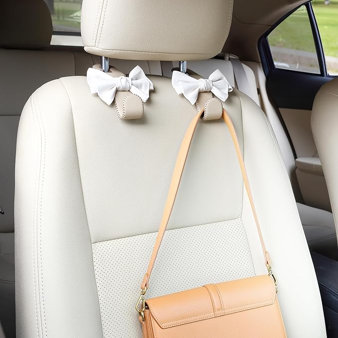 TISOHUGO Car Purse Hook, Cute Bow Hooks for Headrest - Leather U-Shaped Purse Holder for Car, Flexible Seat Back Organizer & Durable Vehicle Accessories for Bags, Coats & More (Beige-2 Pack)