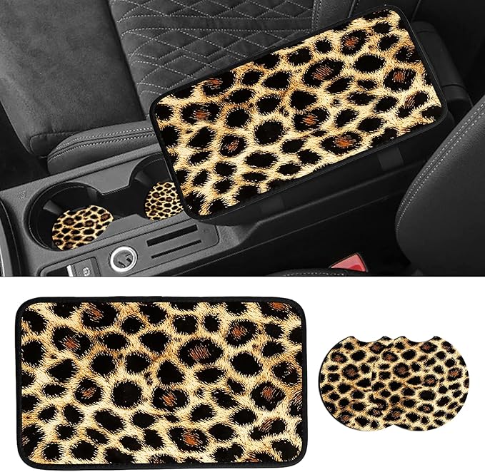 JANENFNA Car Armrest Cover Pads Universal Fashion Cute Auto Center Console Armrest Cover Pad with 2PCS Car Coasters Soft Waterproof Car Armrest Seat Protector for Women,Leopard Pattern