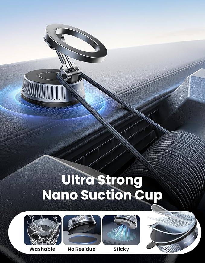 Magnetic Car Phone Holder with Suction Cup, [90LBS Vacuum Suction & 2800GF Strong Magnetic] Phone Holders for Your Car, 360° Adjustable Car Phone Mount for MagSafe, iPhone 17 16 15, Android