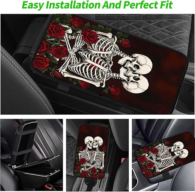 JANENFNA Car Armrest Cover Pads Universal Fashion Cute Auto Center Console Armrest Cover Pad with 2PCS Car Coasters Soft Waterproof Car Armrest Seat Protector for Women,Skulls Roses