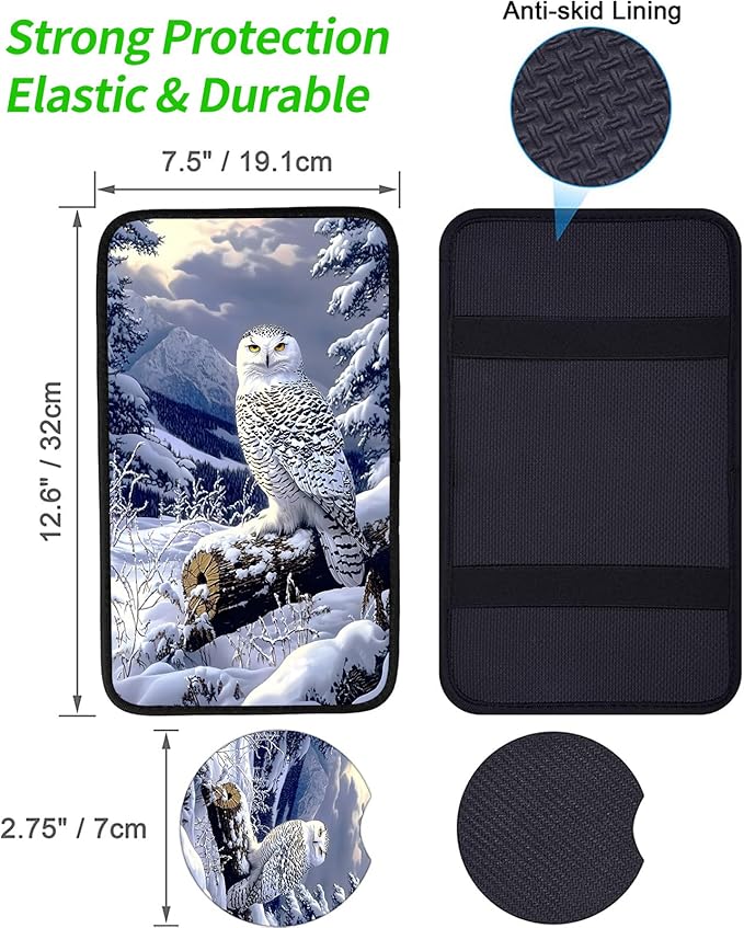 JANENFNA Car Armrest Cover Pads Universal Fashion Cute Auto Center Console Armrest Cover Pad with 2PCS Car Coasters Soft Waterproof Car Armrest Seat Protector for Women,Snowy Owl