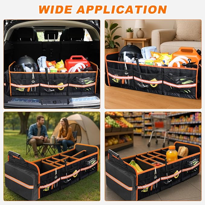 SKYJDM 95L Car Trunk Organizer with Removable Cooler Bag, Collapsible Trunk Storage Organizer with Removable Lid - Multi Compartment Waterproof Storage Organization, Fits Most Car, Truck, Orange