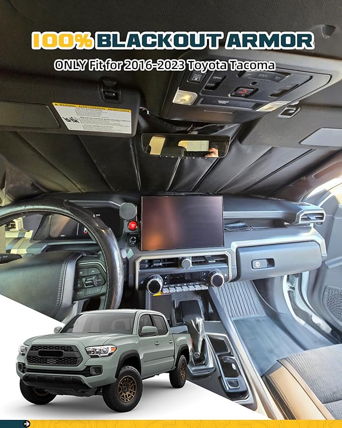 Trumgeta Custom Fit Windshield Sun Shade Fit for Toyota Tacoma 2016-2023, Complete Light & UV Blocking Foldable Sunshade 3rd Gen Tacoma Accessories