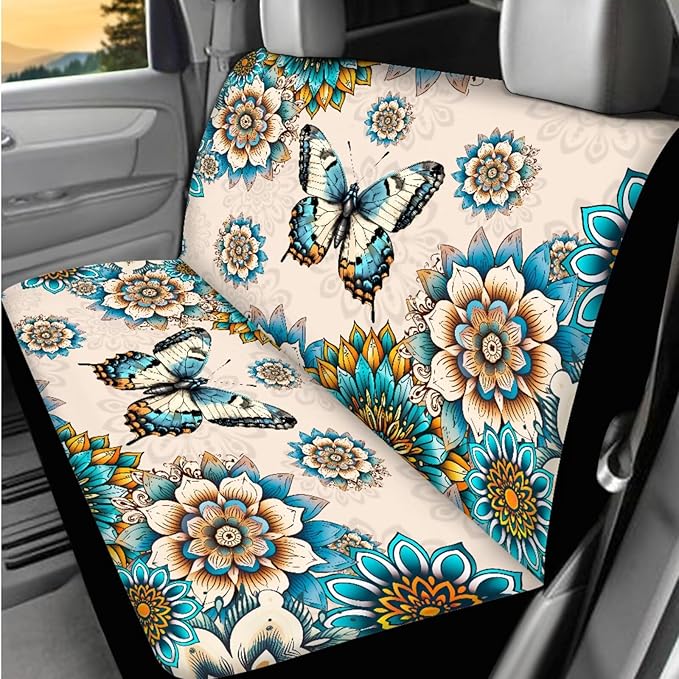 Dngkaoje Boho Butterfly Car Seat Covers Full Set for Front and Rear 13 Pack Vintageul Butterfly Auto Interior Accessories Set Womens Center Console Cover,Hanging Trash Bag,Seatbelt Shoulder Pads