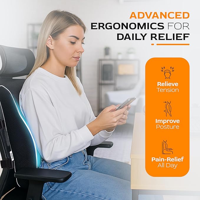 TULARIS Extra Dense Lumbar Pillow with Double Adjustable Straps - Ergonomic Lumbar Support Pillow for Office Chair, Car, Couch Firm Back Support for Lower Back & Spine Pain Relief Memory Foam Cushion