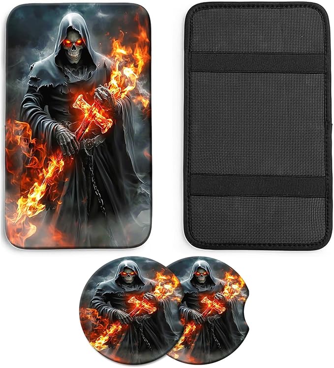 JANENFNA Car Armrest Cover Pads Universal Fashion Cute Auto Center Console Armrest Cover Pad with 2PCS Car Coasters Soft Waterproof Car Armrest Seat Protector for Women,Grim Reaper Flame Cross