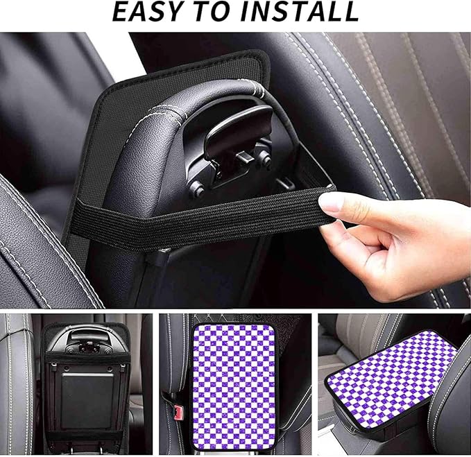Glitter Purple White Checkered Chessboard Flag Car Armrest Pad Cute Cars Center Console Cover Auto Handrail Box Cushion Armrests Cover