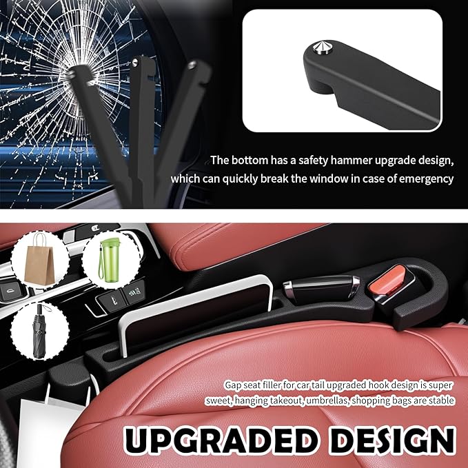 2PCS New Car Seat Gap Filler Organizer with Car Glass Breaker,3 in 1 in Between Cars Seat Catcher with Hook & Storage Slot,Universal Cars Side Seats Gap Fillers with Seats Belt Holes
