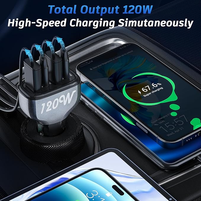 SONRU 4-Port USB C Car Charger, 120W 2*【PD60W+QC30W】 Cigarette Lighter USB Car Charger Adapter, Fast Car Phone Charger for iPhone 17/17 Pro Max/16/15/14 Series, Galaxy S24/23,iPad, Galaxy, Tablet