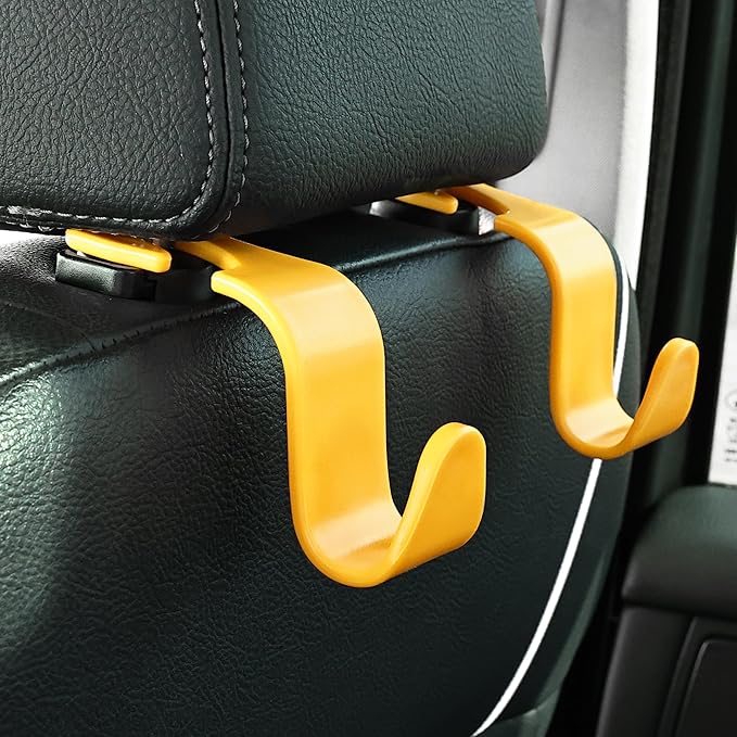 Amooca Car Seat Headrest Hook 4 Pack Hanger Universal Vehicle Car Storage Organizer for Handbag Purse Coat S Type Yellow