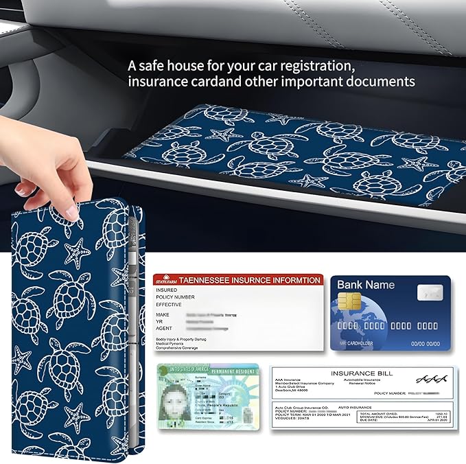 BAUCIWLD Premium Car Registration and Insurance Card Holder, Cute PU Leather Car Document Holder, Vehicle Glove Box Car Organizer with Magnetic Closure for Driver License, Cards Navy Turtle Starfish
