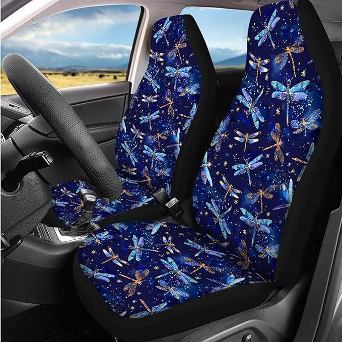 Dngkaoje Blue Dragonfly Car Accessories Full Set 13 Pcs Dragonfly Print Car Seat Covers Set for Front and Rear Cute Steering Wheel Cover Collapsible Garbage Bin Cup Mats,Universal Fit