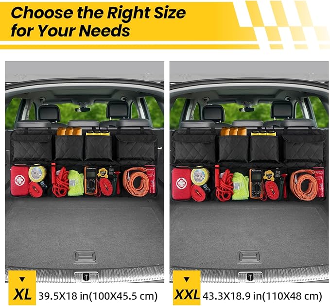 Car Trunk Hanging Organizer 3D Textured (Extra-Long), Cotton-Padded Farewell to Collapse, Reinforced Stitching, Extra-Wide Pocket, Backseat Grocery Storage Bag with 8 Pockets for SUV,Truck,Van