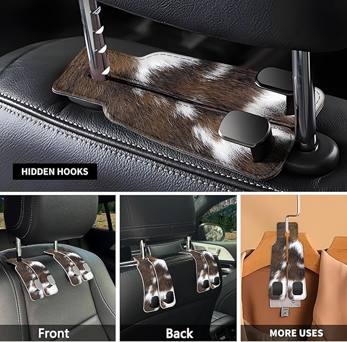 NUGGHU Car Seat Headrest Hook, Universal Leather Cute Hanger Holder Hook, Storage Organizer Interior Accessories for Purse Bags Handbag Brown White Cowhide