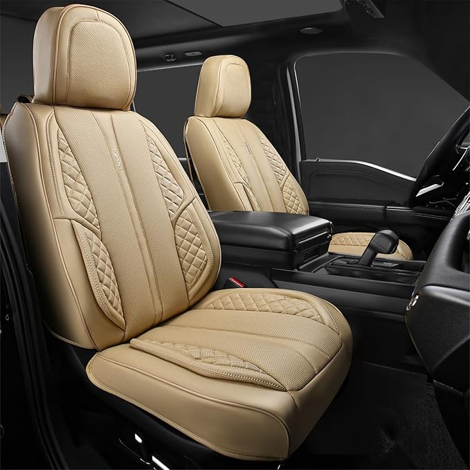 CAR PASS Nappa Leather Car Seat Covers Full Set Waterproof Protector Durable Cushioned,Universal Fit for Sedan SUV Pick-up Truck,Automotive, Anti-Slip and Backseat Luxury Premium (Light Beige)