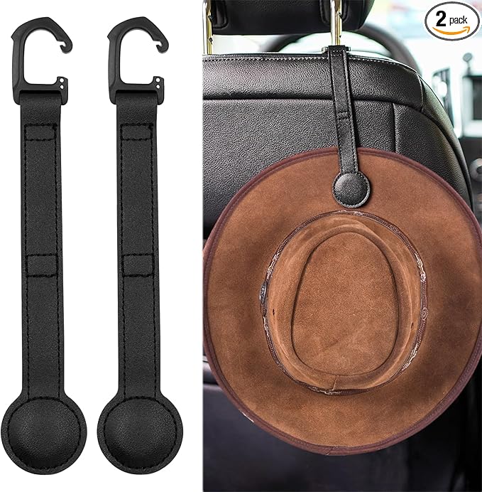 2 Pack Cowboy Hat Holder for Truck, Leather Magnetic Cap Clip, Truck Car Seat Hat Organizer Accessories for Men and Women, Suitable for Car, SUV, Pickup Seat Back Headrest Hat Clip Storage (Black)