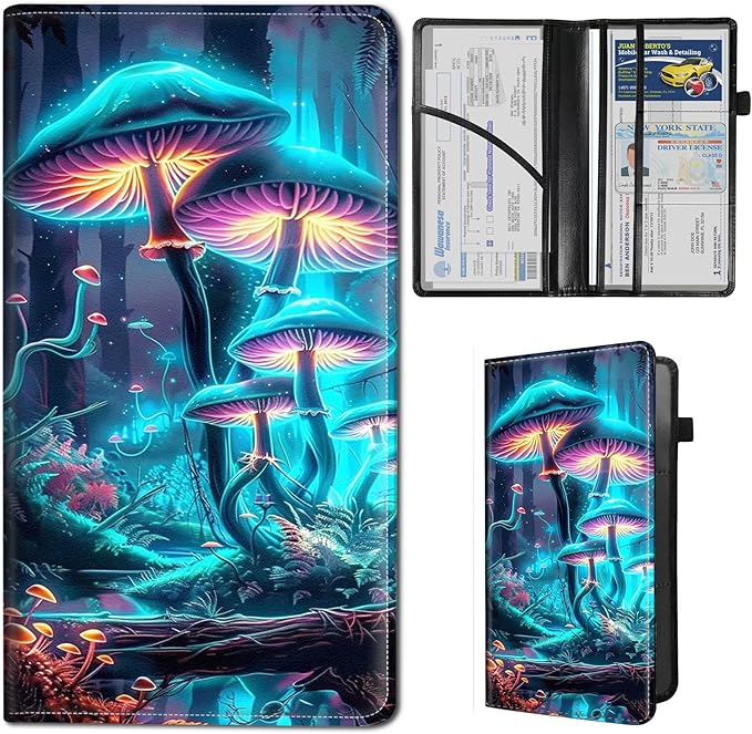Qindaiwen Car Registration and Insurance Holder, Vehicle Card Document Elastic Band Closure Glove Box Organizer, Driver License Cards, Car Accessories for Essential Info, Colourful Mushroom 02