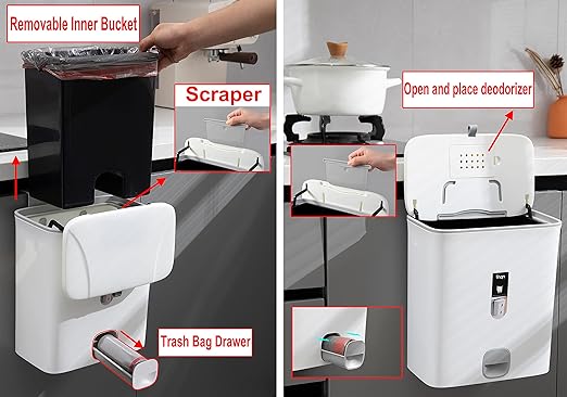 Sooyee Trash Can with Lid,2.4 Gallon Small Trash Can,Hanging or Standing Plastic Compost Bin for Cupboard/Bedroom/Office/Camping/Kitchen/Bathroom,Waste Basket,White