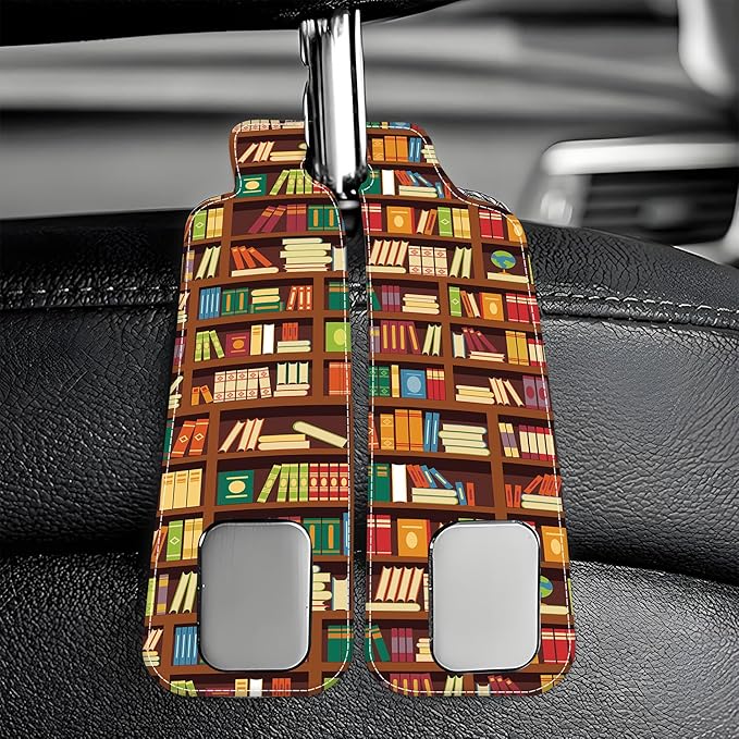 AEWNUNK Car Headrest Purse Hanger Vintage Library Book Shelf 1 Pack Bag Purse Holder for Car Premium Leather Double Metal Hook for Handbags, Grocery Bags and Phones