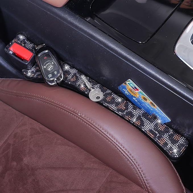 Briwill Bling Leopard Car Seat Gap Filler, Set of 2 Handmade Crystal Rhinestone Diamond Bling Cheetah Car Gap Filler Fit for Car Truck SUV Cheetah Print Car Accessories(Leopard)