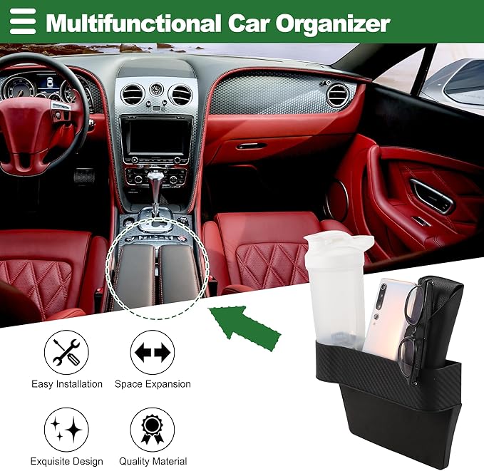 Motoforti Universal Car Seat Storage Box Front Seat Gap Filler Car Seat Gap Organizer Car Storage Accessories, Left Side, Carbon Fiber Pattern, Black