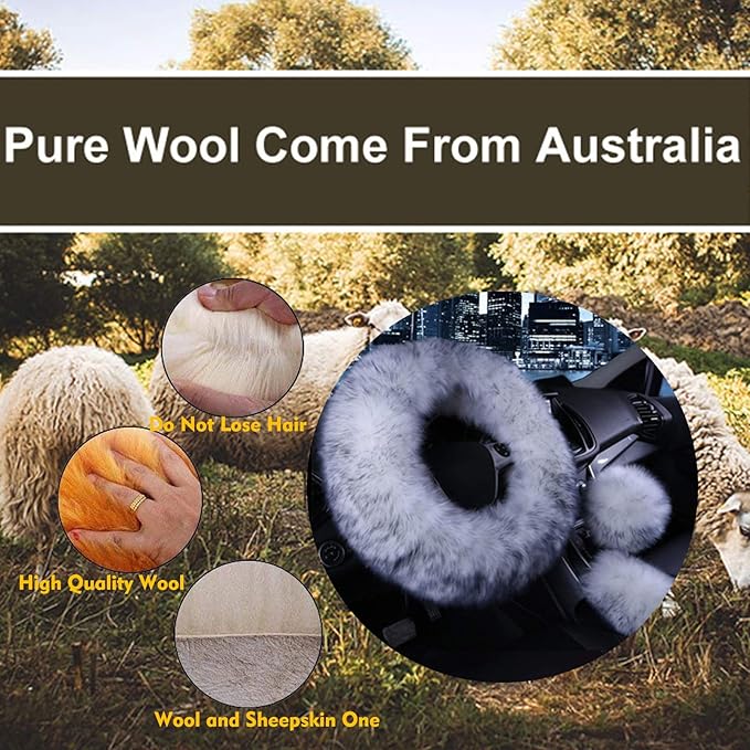 3 Pcs Car Steering Wheel Cover & Handbrake Cover & Gear Shift Cover Set Faux Wool Warm Winter (White&Gray)