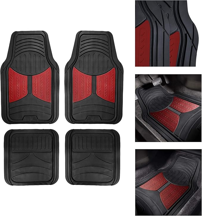 TLH Monster Eye Car Trimmable Floor Mats - Heavy-Duty Burgundy Rubber Floor Mats for Cars, Universal Fit Full Set, Climaproof™ Waterproof Floor Mats for Most Cars, Sedan, SUV, Truck Floor Mats